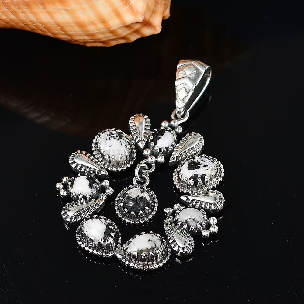 Artisan ✦ White Buffalo Squash Blossom Pendant ✦ Western 5.10ctw Oxidized 925